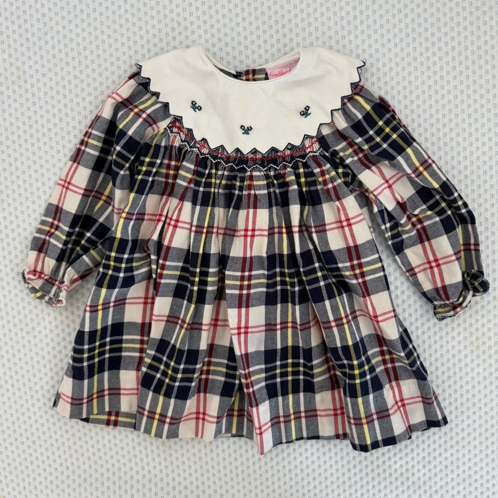 Vintage Baby Girls Holiday Plaid Long Sleeve Dress with Embroidered Collar 12M